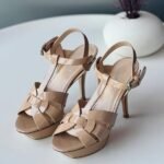 Yves Saint Laurent 105mm Classic Tribute Adjustable Strap High Heels Pumps Sandals Beige Glossy 