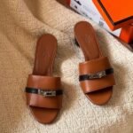 Hermès Gigi Giulia 50mm Block Heels Sandals Slip-Ons Tan Black Buckle
