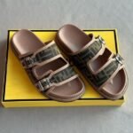 Fendi Feel FF-Jacquard Zucca Canvas and Leather Strap Flat Slides Sandals Slip-Ons Brown Green - Image 2