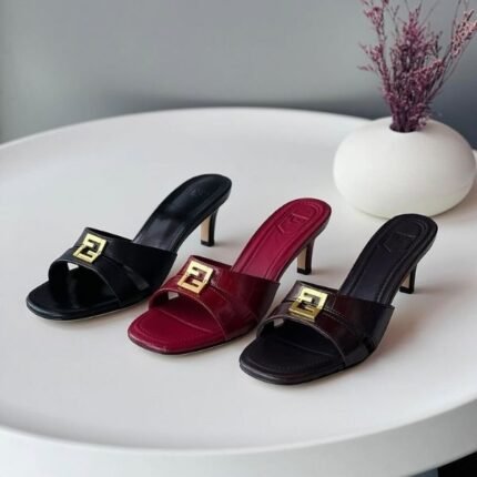 Fendi FFold Leather 55mm Heels Mules Slides Slip-Ons Sandals Black