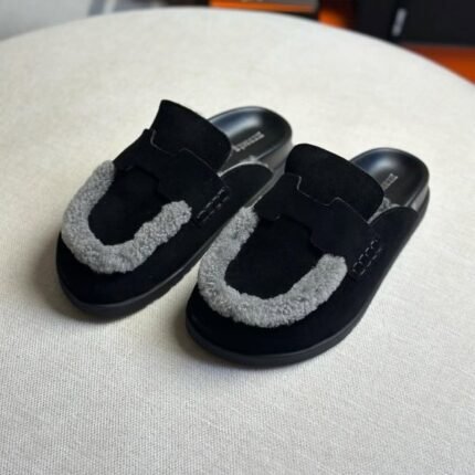 Hermès Suede Go Mule Flats Slides Sandals Slip-Ons Black