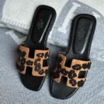 Hermès Oran Flat Sandals Slip-Ons Slides Leopard Brown
