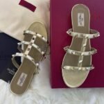 Valentino Leather Rockstud Block Heels Slide Sandals Gold - Image 2