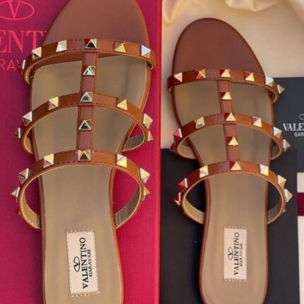 Valentino Leather Rockstud Block Heels Slide Sandals Tan