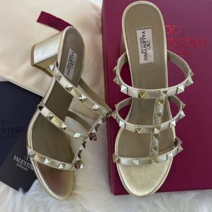 Valentino Leather Rockstud Block Heels Slide Sandals Gold