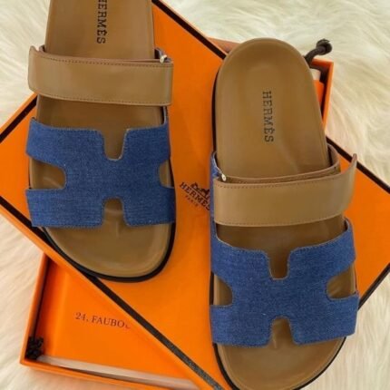 Hermès Chypre Leather Sandals Slippers Slip-On Slides Tan & Denim