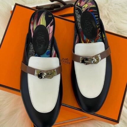 Hermès Oz Mules Printed Leather Palladium Buckle Slip-On Shoes Multicolor White Brown