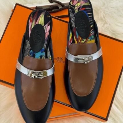 Hermès Oz Mules Printed Leather Palladium Buckle Slip-On Shoes Multicolor Black Brown