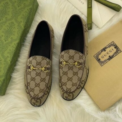 Gucci Jordaan Horsebit-Detail GG Canvas Leather Loafers Slides Slip-Ons Sandals Brown
