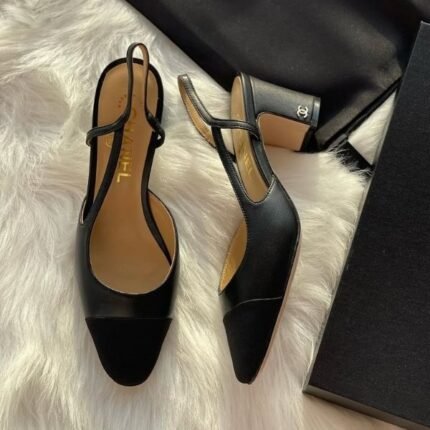 Chanel Goatskin Grosgrain Cap Toe CC Slingback Heels Pumps 39.5 Black