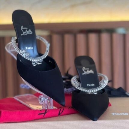 Christian Louboutin Planet Queen 70mm Crystal-Embellished Satin Mules Heels Pumps Sandals Black