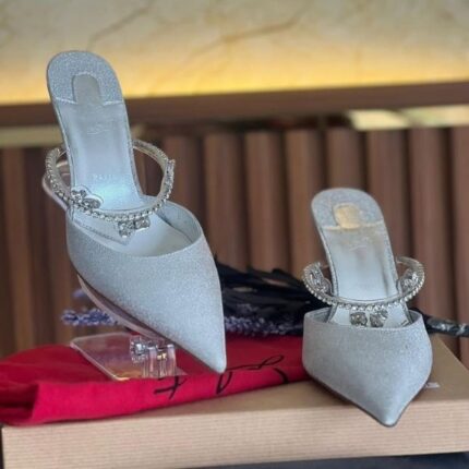 Christian Louboutin Planet Queen 70mm Crystal-Embellished Satin Mules Heels Pumps Sandals White