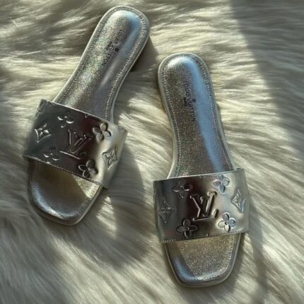 Louis Vuitton Monogram Revival Debossed Metallic Embossed Flats Slides Slip-Ons Sandals Silver