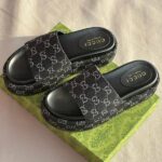 Gucci Maxi GG Canvas Platform Slides Slip-Ons Sandals Black