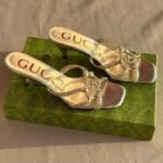 Gucci Crystal Woven Interlocking GG Sandals Slip-Ons Heels Silver - Image 2