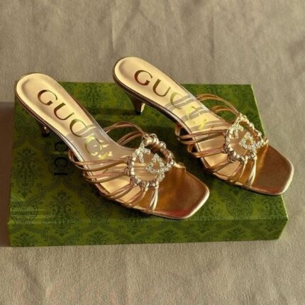 Gucci Carmen Crystal Interlocking GG Sandals Slip-Ons Heels Gold