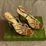 Gucci Carmen Crystal Interlocking GG Heels Adjustable Backstrap Sandals Gold