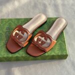 Gucci Interlocking GG Leather Flats Slides Slip-Ons Sandals Brown