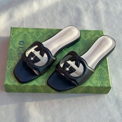 Gucci Interlocking GG Leather Flats Slides Slip-Ons Sandals Black