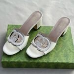 Gucci Interlocking GG Leather Block Heels Slides Slip-Ons Sandals White