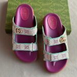Gucci GG Canvas T-Strap Slides Slip-Ons Sandals Pink - Image 2