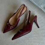 Gucci Leather Embossed Slingback Strap with Horsebit Heels Pumps Sandals Slip-Ons Shoes Red