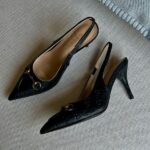 Gucci Leather Embossed Slingback Strap with Horsebit Heels Pumps Sandals Slip-Ons Shoes Black