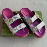 Gucci GG Canvas T-Strap Slides Slip-Ons Sandals Pink