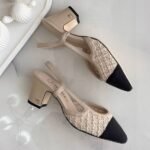 Chanel Goatskin Grosgrain Cap Toe CC Slingback Heels Pumps 39.5 Embroided Mesh Beige