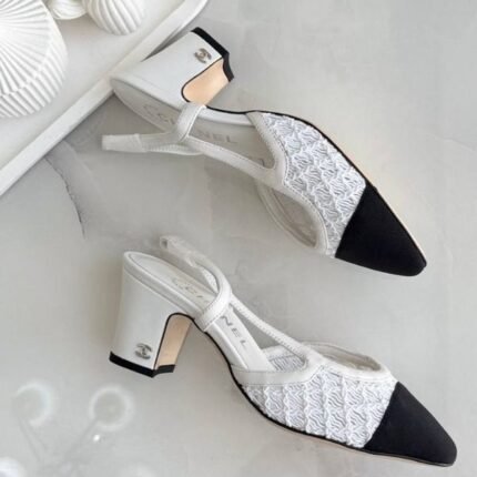Chanel Goatskin Grosgrain Cap Toe CC Slingback Heels Pumps 39.5 Embroided Mesh White