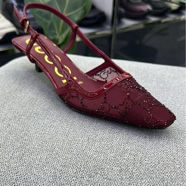 500 (390) Gucci GG Mesh Embellished Crystal Slingback Heels Pumps Sandals Slip-Ons Shoes Red - Image 1