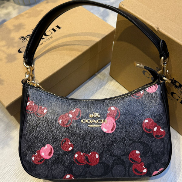 16 Coach Teri Shoulder Hand Bag In Signature Canvas Cherry Print Black with Free Perfume - Image 1