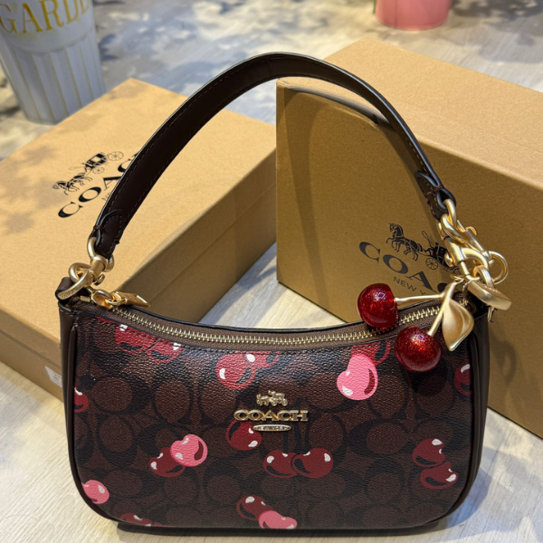 17 Coach Teri Shoulder Hand Bag In Signature Canvas Cherry Print Brown with Free Perfume - Image 1
