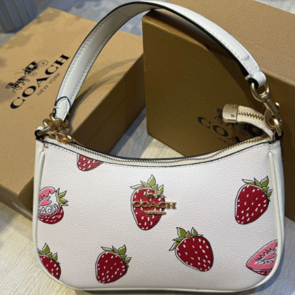 Coach Teri Shoulder Hand Bag In Signature Canvas Strawberry Print White with Free Perfume