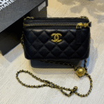 Chanel Lambskin Quilted Pearl Crush Vanity Case With Chain Shoulder Bag Gold Black with Free Perfume