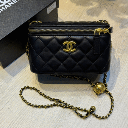 Chanel Lambskin Quilted Pearl Crush Vanity Case With Chain Shoulder Bag Gold Black with Free Perfume