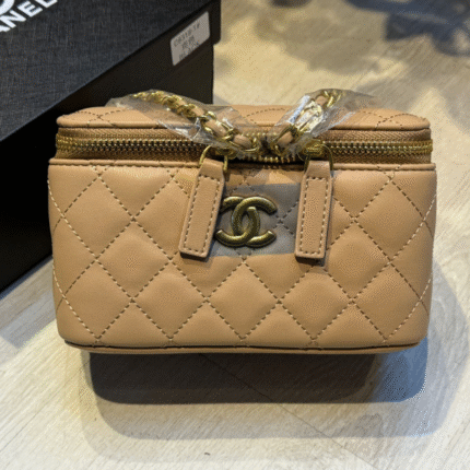 Chanel Lambskin Quilted Pearl Crush Vanity Case With Chain Shoulder Bag Gold Tan with Free Perfume
