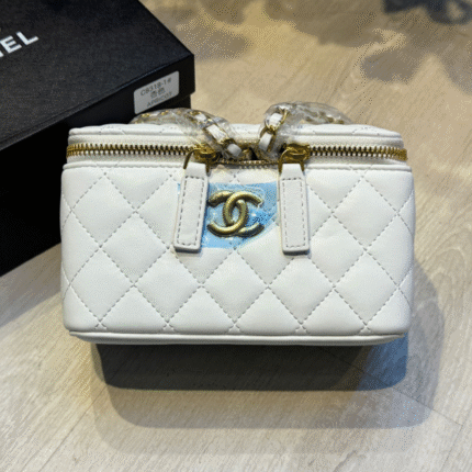 Chanel Lambskin Quilted Pearl Crush Vanity Case With Chain Shoulder Bag Gold White with Free Perfume