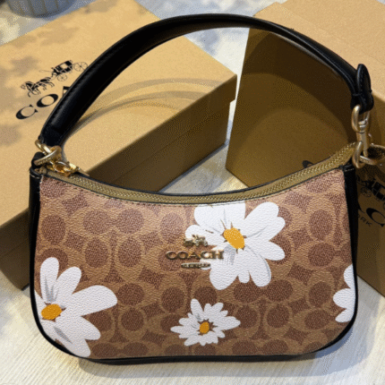 Coach Teri Shoulder Hand Bag In Signature Canvas Floral Print Tan with Free Perfume