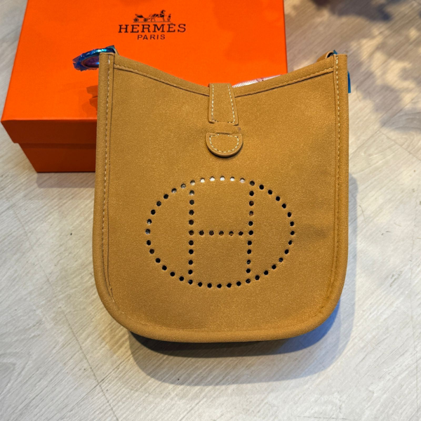 54 Hermes Suede Mini Evelyne Crossbody Shoulder Bag Strap Mustard with Free Perfume - Image 1