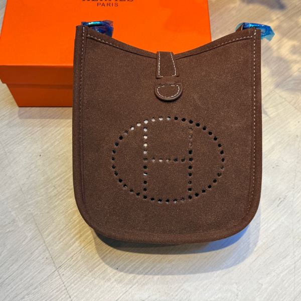 57 Hermes Suede Mini Evelyne Crossbody Shoulder Bag Strap Dark Brown with Free Perfume - Image 1