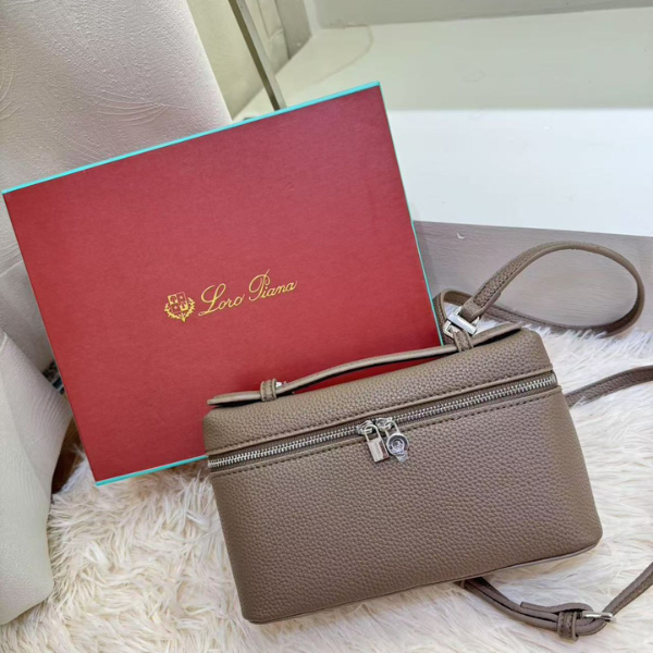 19.5CM LORO PIANA (11) Loro Piana Grained Calfskin Leather Extra Pocket Crossbody Shoulder Strap Bag Taupe with Free Perfume - Image 1