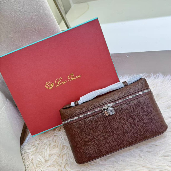 19.5CM LORO PIANA (5) Loro Piana Grained Calfskin Leather Extra Pocket Crossbody Shoulder Strap Bag Brown with Free Perfume - Image 1