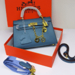 Hermès Kelly 25 Swift Gris Pâle Leather Top Handle Shoulder Hand Bag Gold Hardware Blue with Free Perfume