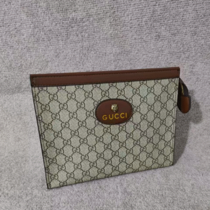 Gucci Neo Vintage GG Supreme Canvas Wristlet Strap Pouch Clutch Beige Tan with Free Perfume