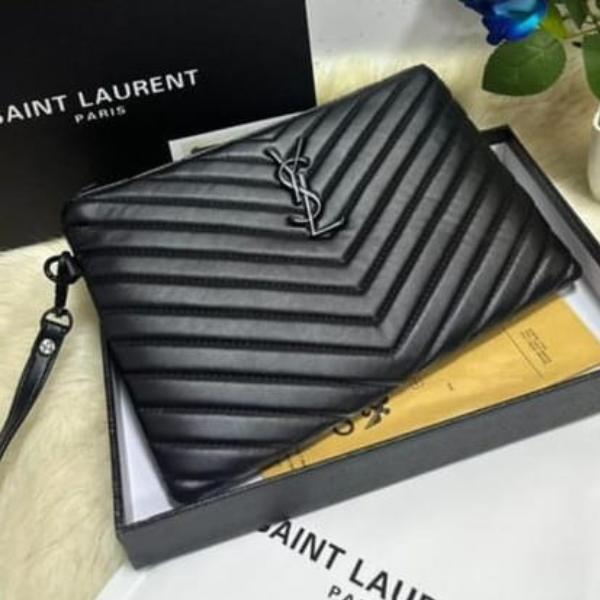 249 AED (10) Yves Saint Laurent Logo Leather Matelasse Chevron Quilted A5 Wristlet Clutch Pouch Bag Black with Free Perfume - Image 1