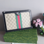 Gucci Mini Ophidia Canvas Web Tricolor Wristlet Strap Pouch Clutch Beige Black with Free Perfume