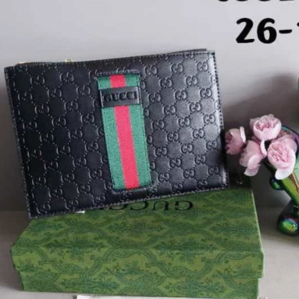 Gucci Canvas Web Tricolor Wristlet Pouch Clutch Black with Free Perfume