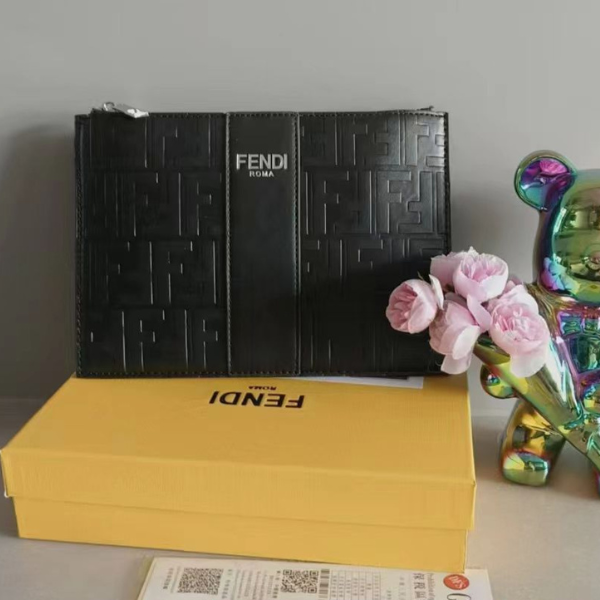 249 AED (15) Fendi Black Embossed Logo Leather Wristlet Clutch Pouch Bag Black with Free Perfume - Image 1