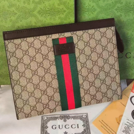 Gucci Supreme Canvas Web Tricolor Wristlet Strap Pouch Clutch Beige Brown with Free Perfume